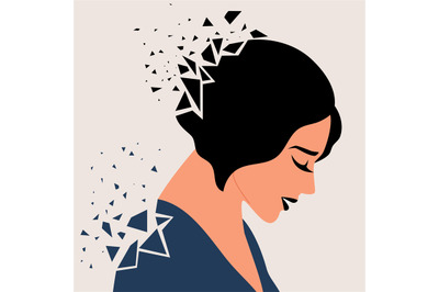 Vector illustration of a sad woman broken into many fragments which sh