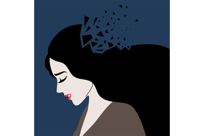 Vector illustration of an adult woman broken into many fragments which