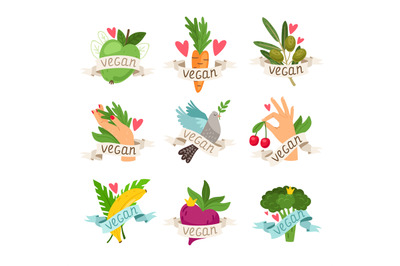 Vegan vector isolated icons with vegetables, fruits, berries and hands