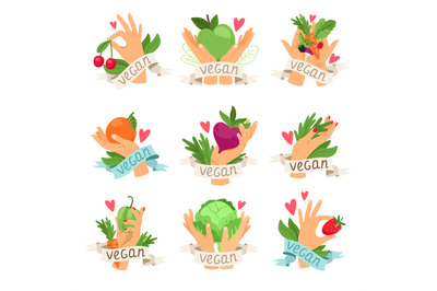 Vegan vector isolated labels with vegetables, fruits, berries and hand