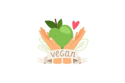 Vegan vector label icon with apple and hands. Template for packaging d