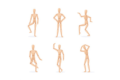 Wooden man poses. Wood dummy toy, group people statue human model for