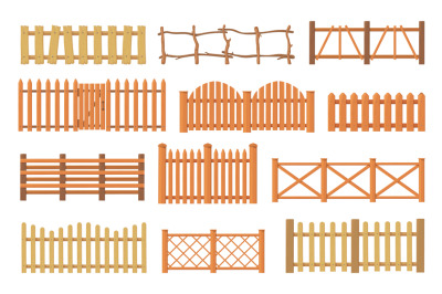 Wooden enclosures. Wood fence, timber palisade garden railing cartoon