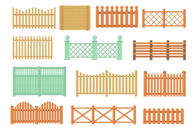 Wooden fencing. Cartoon fences wood bars materials, farm or ranch pali