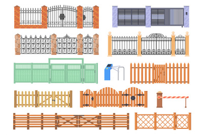 Cartoon gates and fences. Rural garden house gate of wood steel stone