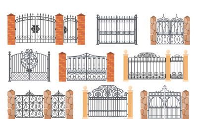 Forged gates. Wrought gate, cartoon ornamental metal enclosure for hou