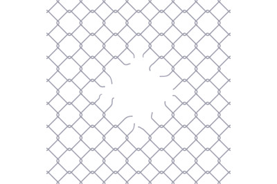 Broken grid fence. Ripped metal netting enclosures, break chain link n