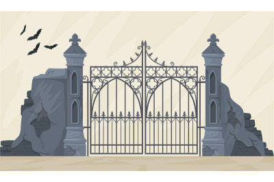 Gothic gate. Mansion or cemetery entrance gates, horror graveyard old
