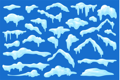 Roof snow caps. Cartoon snowy icicles snowdrift and snowflake pile on