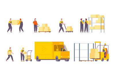 Storehouse workers. Worker with warehouse inventory or freight truck l