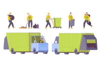 Garbage service workers. Rubbish management employee and waste truck,