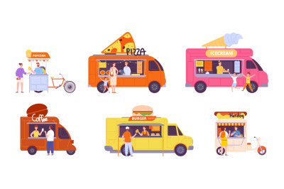 Food truck sellers. Foodtruck vendors takeaway meal street festival, m