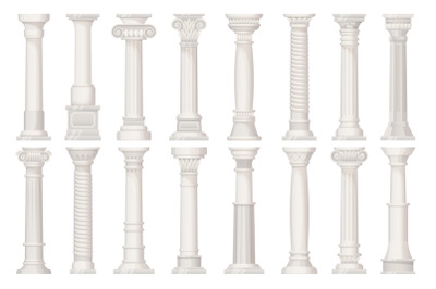 Cartoon antique pillars. Old roman or greek pillar on pedestal, ancien