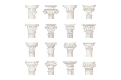 Top of column. Corinthian doric greek rome capital pillars, columns of