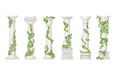 Ivy columns. Marble pillars or ancient stone column with floral vines,