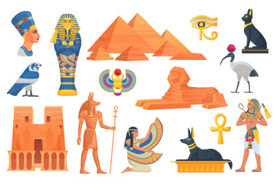 Cartoon egyptian elements. Ancient egypt statue and mythology objects,