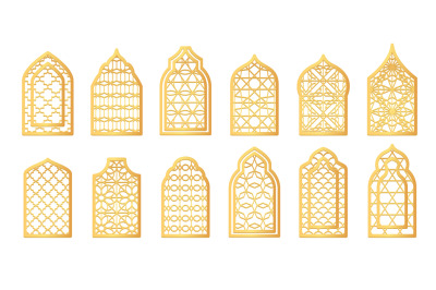 Golden ornament arabic windows. Decorative arabian window with arabesq