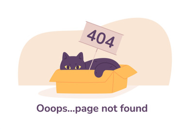 Cat error page. Asleep kitten in box with 404 sign, empty pages not fo