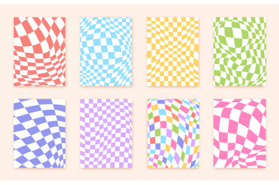 Distorted checkered posters. Patterns distortion grooved wavy squares,