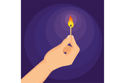 Hand holding match. Fingers hold glowing matchstick with burning flame