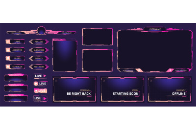 Twitch streaming interface. Stream overlay screens future theme neon d
