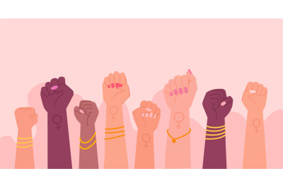 Women fists revolution. Female protesters hands, american womans right