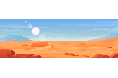 Cartoon desert land. Panorama landscape of mexico yellow sand with dry