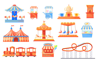 Funfair carousels. Amusement park on fairground with horse carousel, f