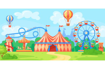 Fairground landscape. Panoramic amusement park, city entertainment in
