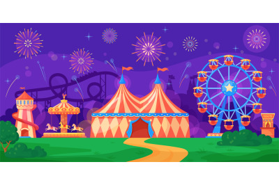 Night fairground. Outdoor funfair carnival, amusement park with colorf
