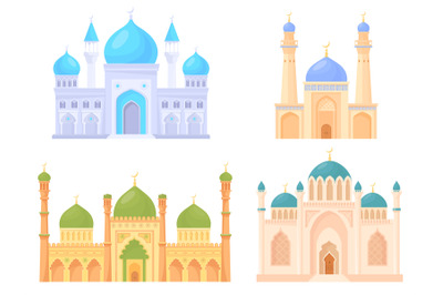 Cartoon mosque buildings. Islamic castle desert building, traditional