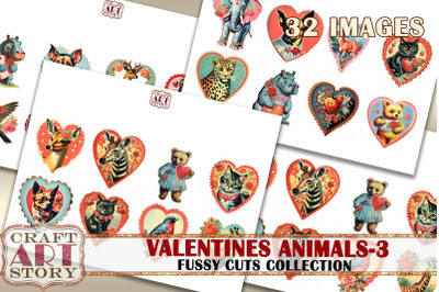 Valentine animals-3 stickers set&2C; fussy cuts&2C;Valentines