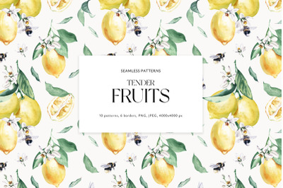 Tender Fruits Watercolor Patterns and Borders