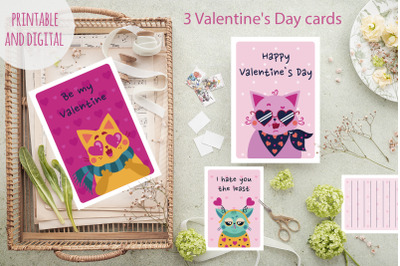 Valentine&#039;s Day cards with cats printable and digital