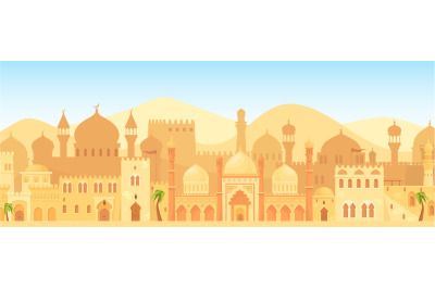 Arabic city view. Old islamic castle cityscape panorama, muslim city o