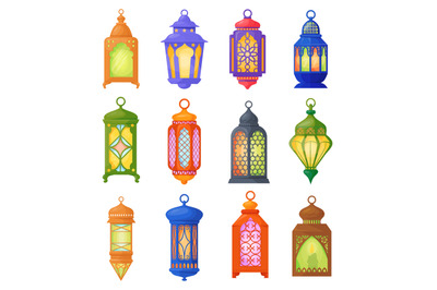 Famous lanterns. Cartoon ramadan lamps for iftar party, hanging old ar