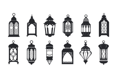 Black ramadan lanterns. Fanous line lantern, arabic lamps silhouettes