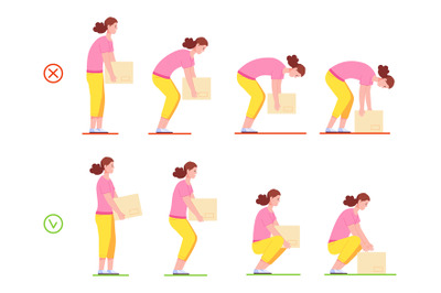 Woman lifting box. Correct and incorrect handling heavy objects, painf
