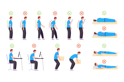 Ergonomic spine postures. Proper and wrong body positions infographic,