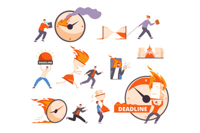 Workload deadline. Overwhelmed employees finishing burning work, rushe