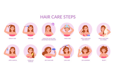 Hair care steps. Hairs treatment tutorial wash dry blow dryer step bru