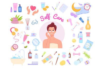 Self care routine. Women morning rituals, skincare habit routine or be