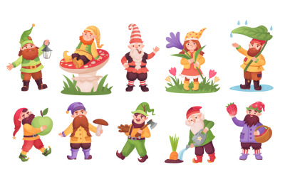 Magical dwarfs. Cartoon little gnomes, fairy tale elf character garden