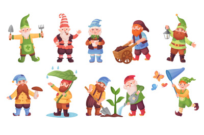 Garden dwarfs. Cartoon elf fantasy game, magical gnome fairy small mal