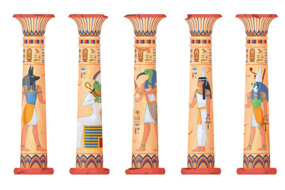 Egypt columns. Pillars of ancient egyptian temple, old stone or clay c