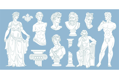 Cartoon antique statues. Ancient historic monuments classical greece c