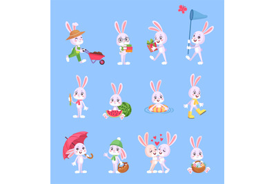 Cartoon rabbit poses. Hare creative pose, crazy bunnies collection eas