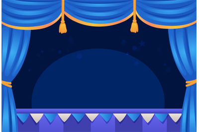 Cartoon theatre stage. Empty theater scene clipart with blue curtains,