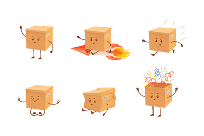 Delivery box mascot. Cartoon parcel characters, funny courier packages