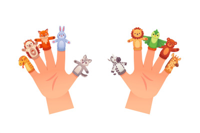 Finger puppets. Cartoon animal puppet on kid puppeteer hands, really h